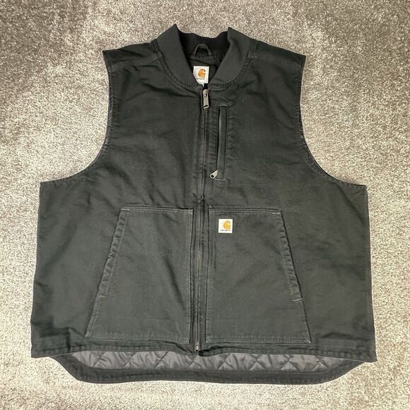 Carhartt Washed Duck Vest Mens 3XL Regular Black Full Zip Canvas Quilted Lined - Picture 1 of 9